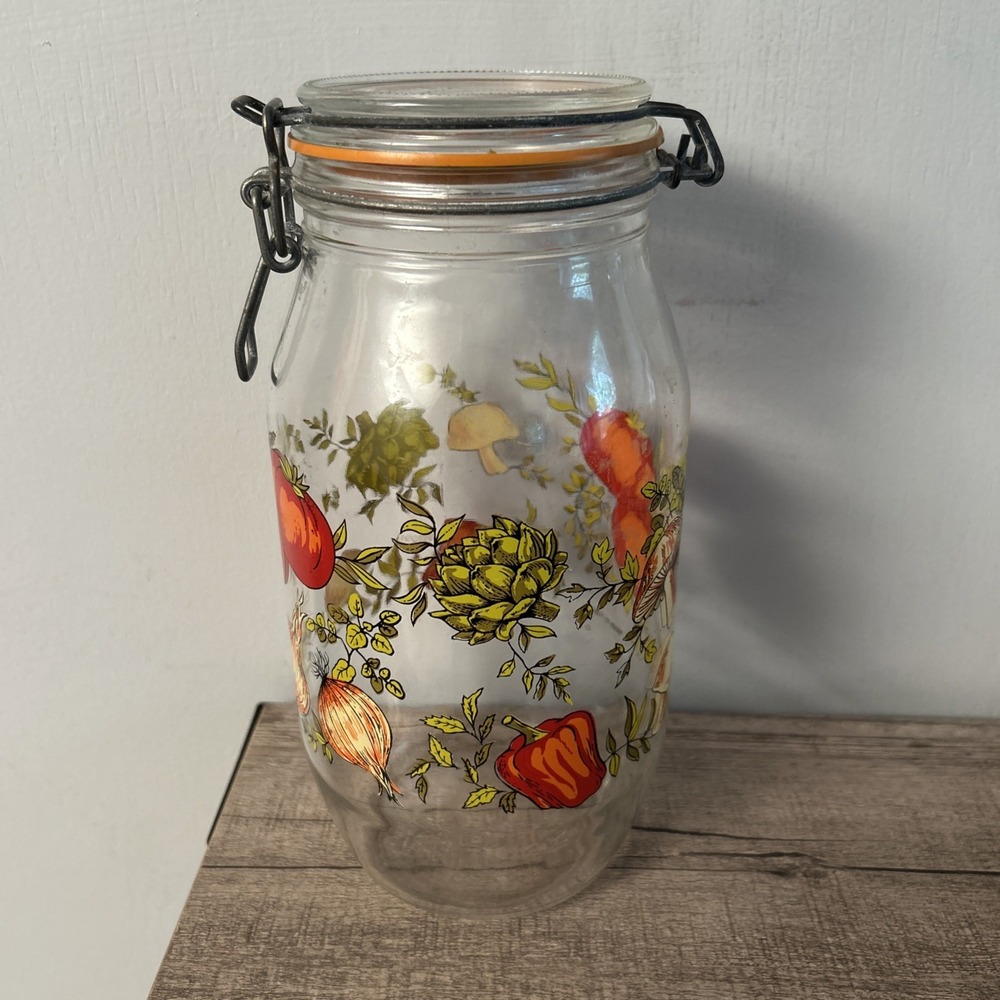 Vintage 2 Liter Arc of France Spice of Life Hinged Storage Jar Glass Mushroom
